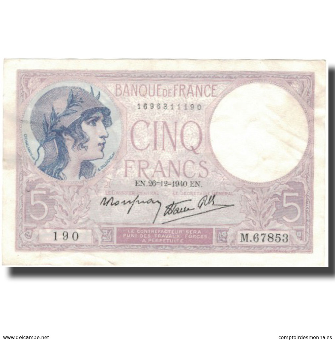 France, 5 Francs, Violet, 1940, 1940-12-26, SUP, Fayette:4.18, KM:83 - 5 F 1917-1940 ''Violet''