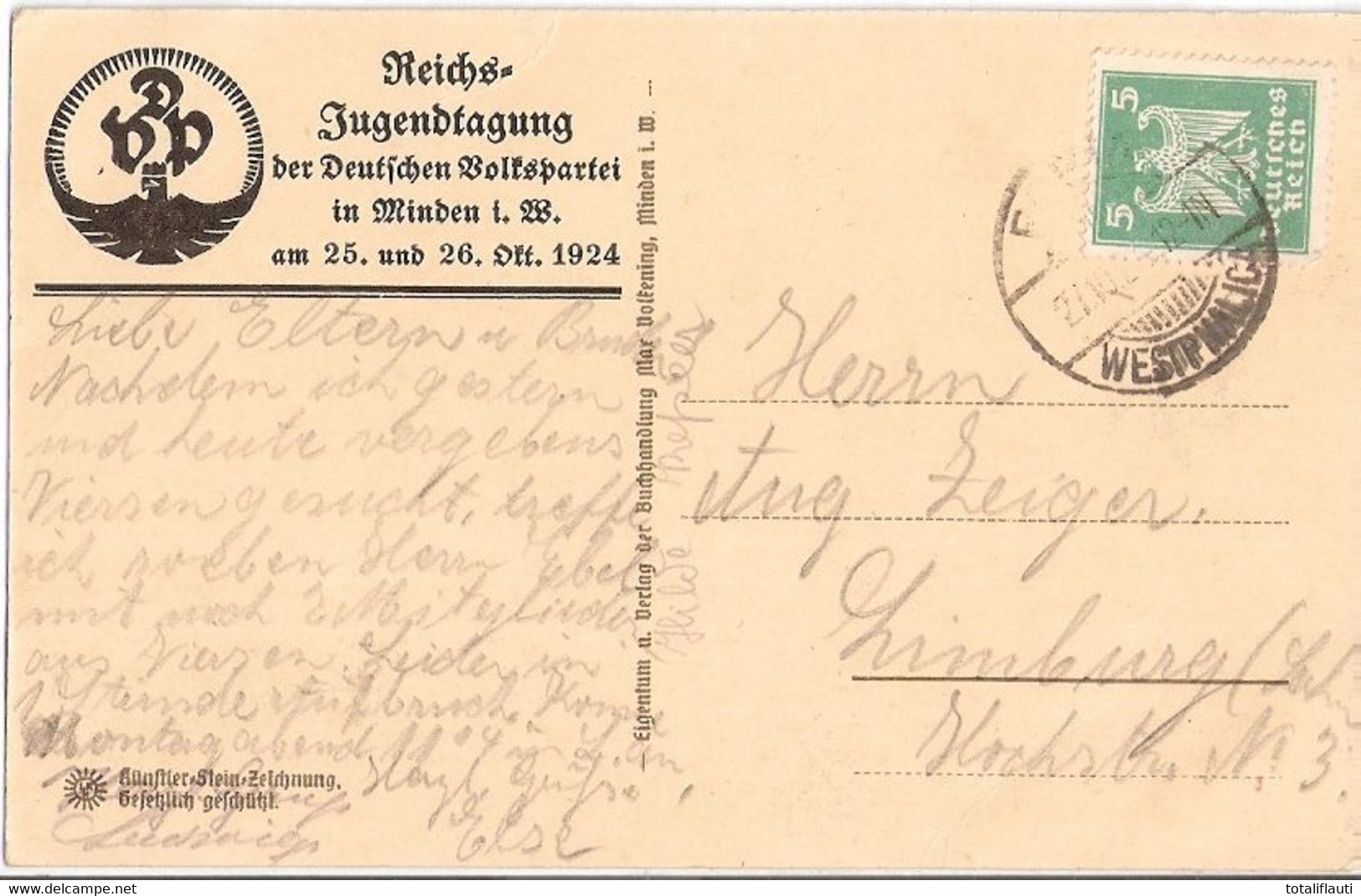 MINDEN Steindruck Marienstraße Mit Zudruck Reichsjugendtagung Der Deutschen Volk Partei 25/26.10.1924 Color - Minden