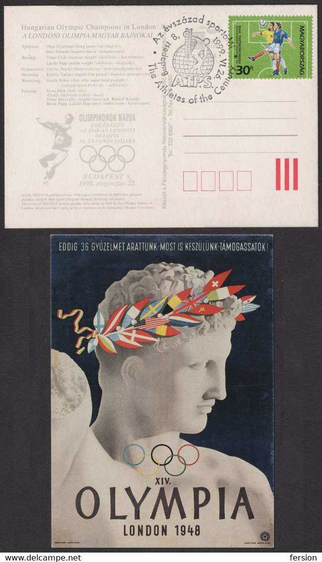 LONDON 1948 Champions HUNGARY -  Reprint Postcard FDC Postmark SOCCER FOOTBALL FIFA CUP France 1998 - Sommer 1948: London