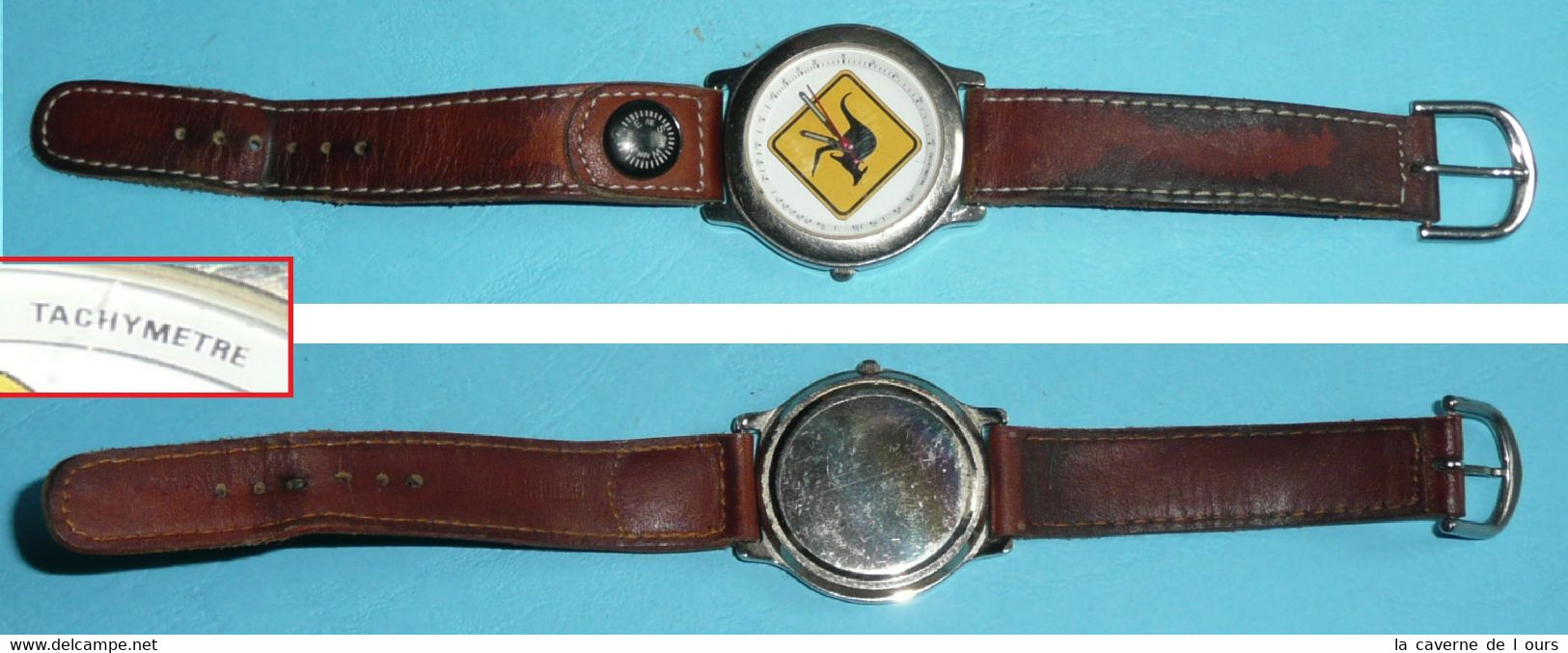 Rare Montre à Quartz, Tachymètre Boussole, Bracelet Cuir, Kangourou - Montres Publicitaires