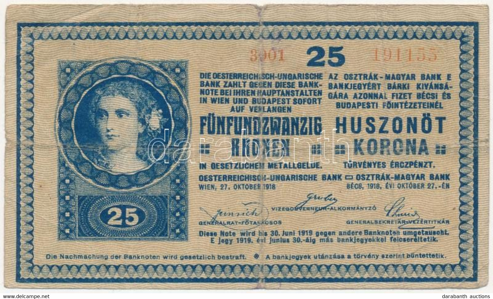 1918. 25K "3001" 3mm, Hullámos Hátlap T:III Ly. Adamo K22/3 - Ohne Zuordnung