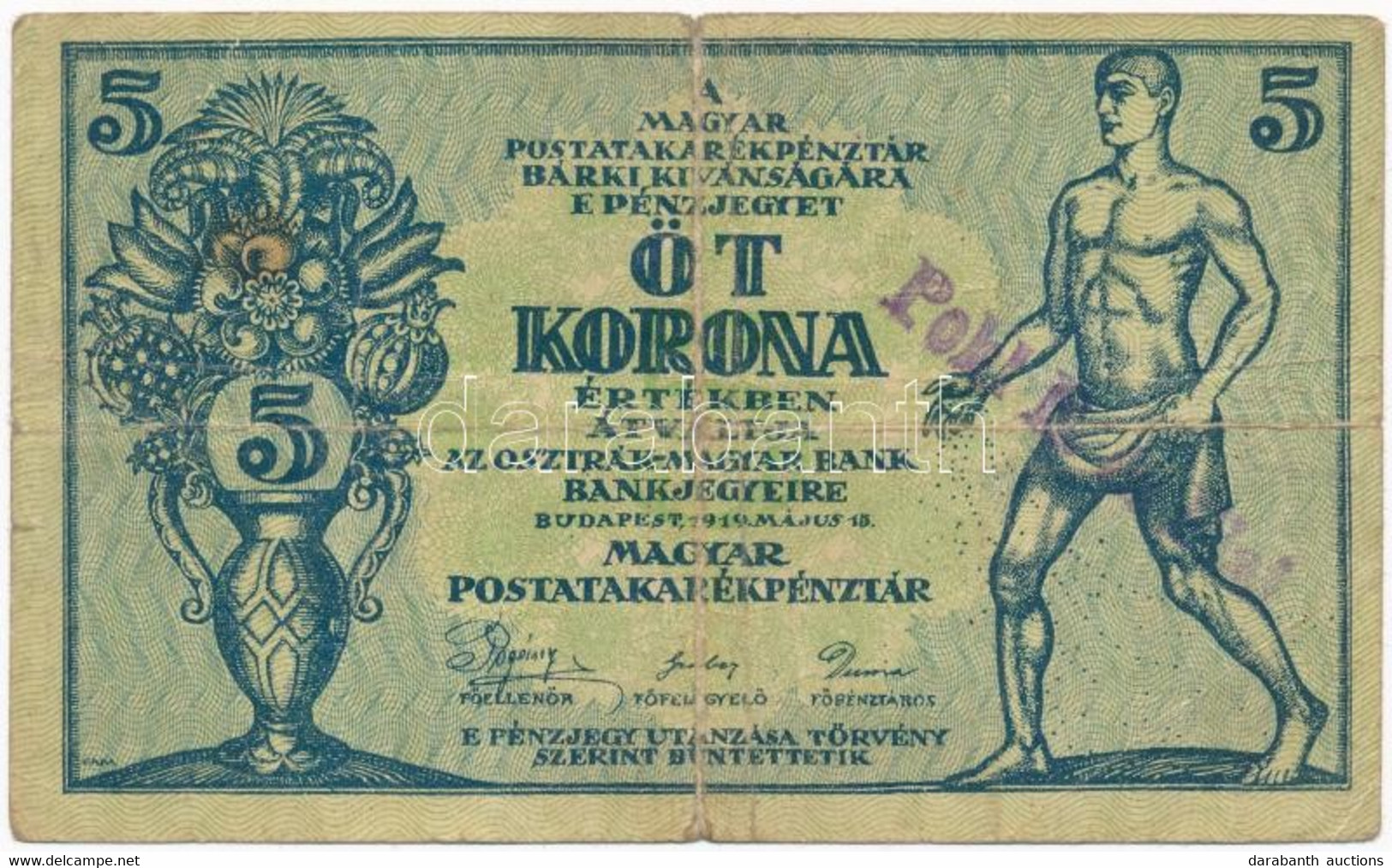 1919. 5K "Osztrák-Magyar Bank...", "001"-es Sorozat Előlapon Bélyegzés "POHL N. ÉS FIAI" T:III-  Adamo K8 - Ohne Zuordnung