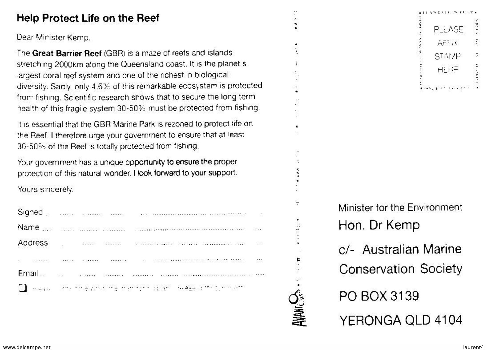 (RR 29) Australia (AVANT Card) QLD - Help Prtect Life On The Reef (sent To Environment Minister) - Non Classés