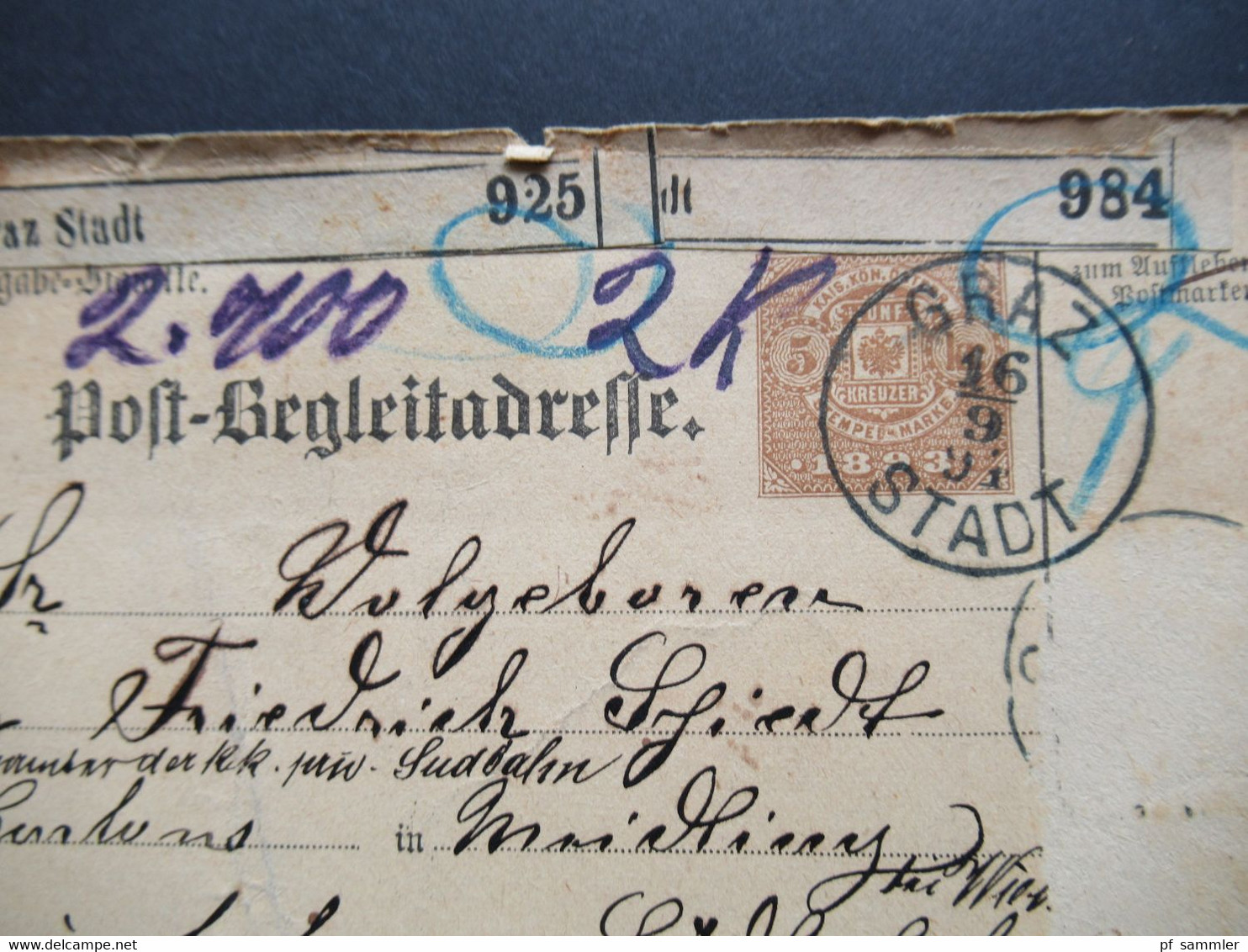 Österreich 1894 Post Begleitadresse Paketkarte Für 2 Pakete Mit ZuF Nr. 63 Graz Stadt An KK Südbahn Nach Wien - Brieven En Documenten