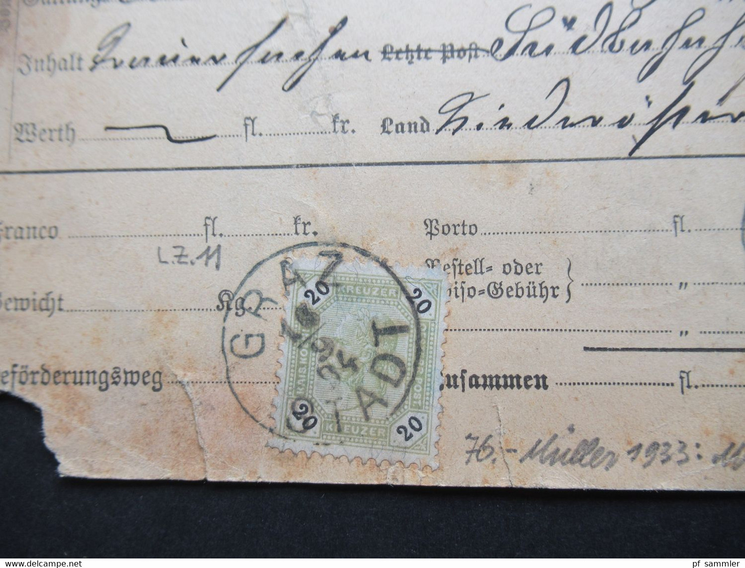 Österreich 1894 Post Begleitadresse Paketkarte Für 2 Pakete Mit ZuF Nr. 63 Graz Stadt An KK Südbahn Nach Wien - Brieven En Documenten