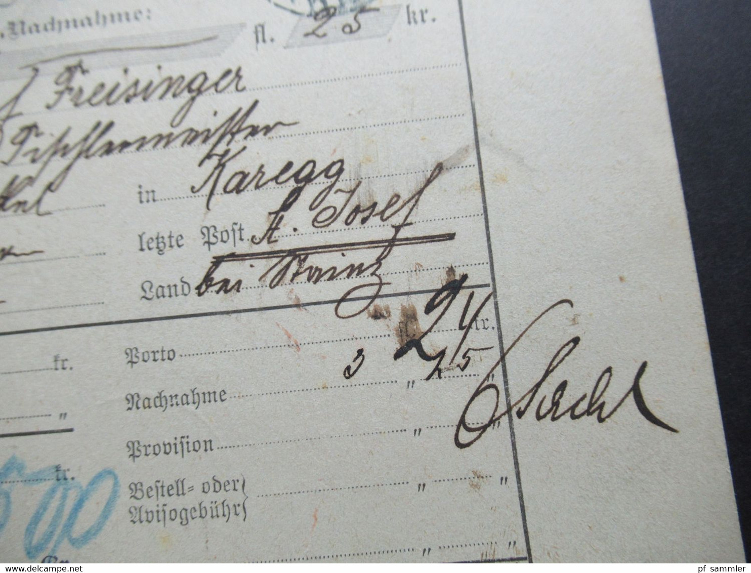 Österreich 1894 Post Begleitadresse Nachnahme Paketkarte Graz Stadt Nach St. Josef Bei Stainz Mit Ank. Stempel - Brieven En Documenten