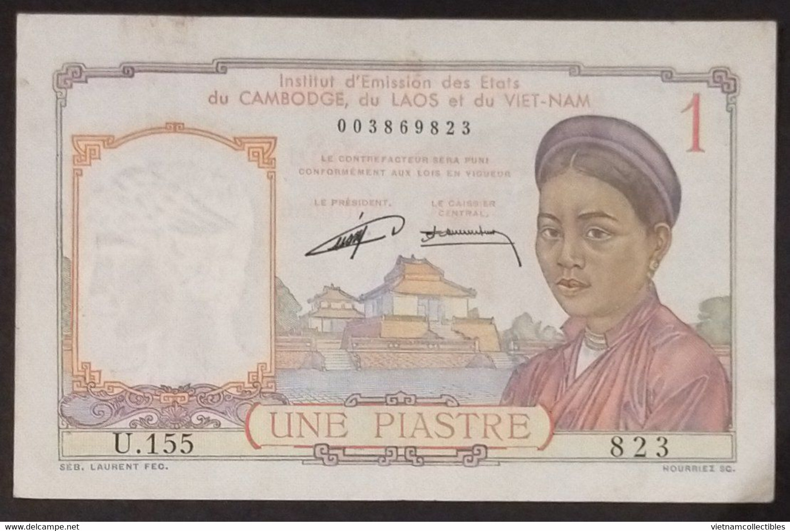 French Indochine Indochina Vietnam Viet Nam Laos Cambodia 1 Piastre VF Banknote Note 1953 - Pick # 92 / 2 Photos - Indochina