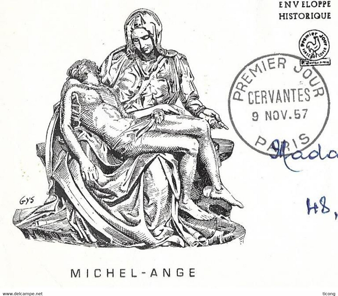 CURIOSITE - ENVELOPPE ILLUSTREE MICHEL ANGE AVEC LES CACHETS 1ER JOUR CERVANTES PARIS 1957,  VOIR LES SCANNERS - Storia Postale