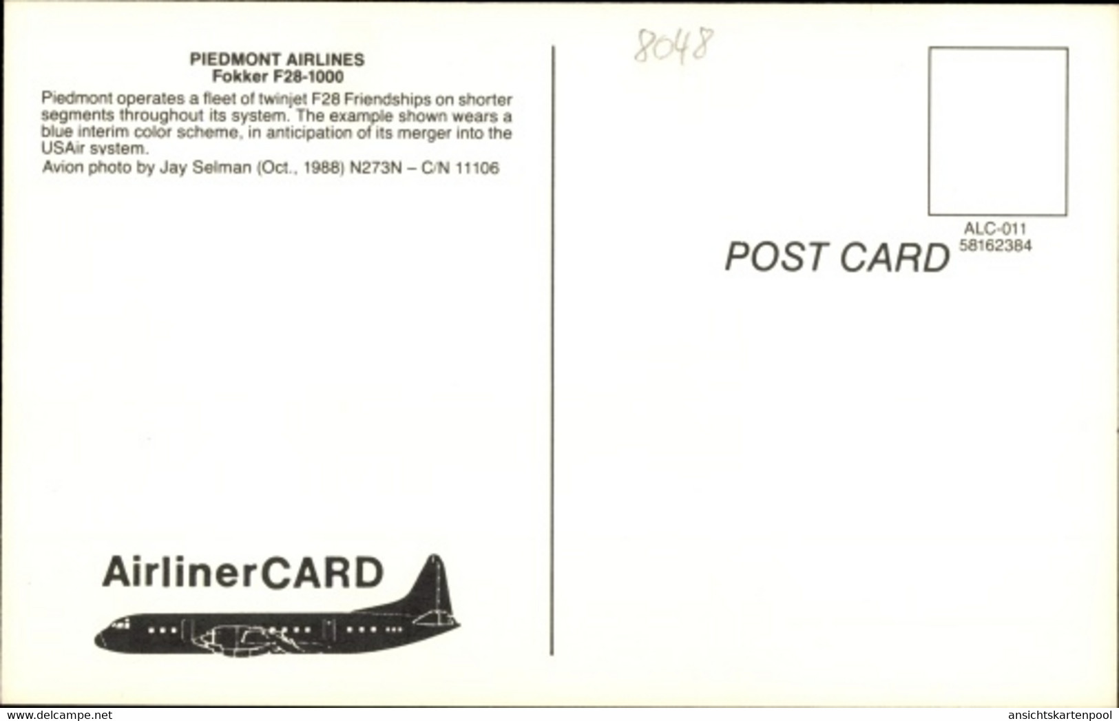 CPA Amerikanisches Passagierflugzeug, Piedmont Airlines, Fokker F28-1000, N273N - Otros & Sin Clasificación