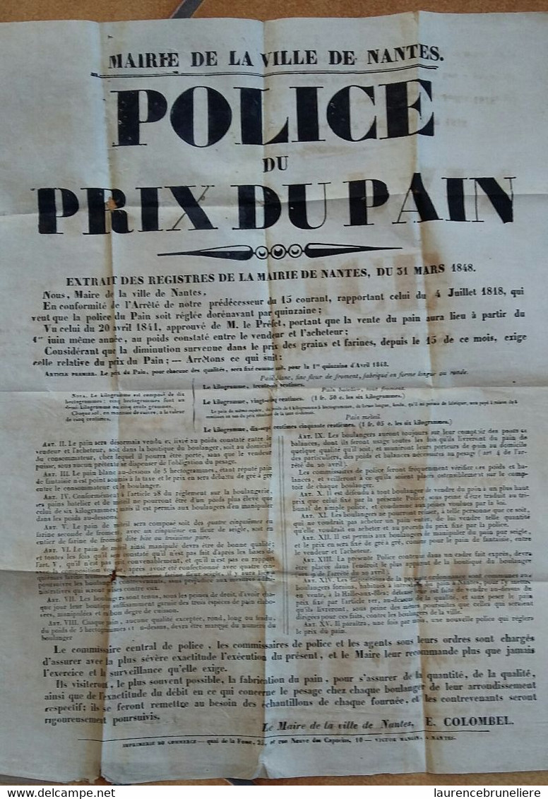 44  NANTES  AFFICHE  DU  PRIX  DU  PAIN  AVRIL  1848  TRES  RARE   THEME  DU  PAIN - Plakate