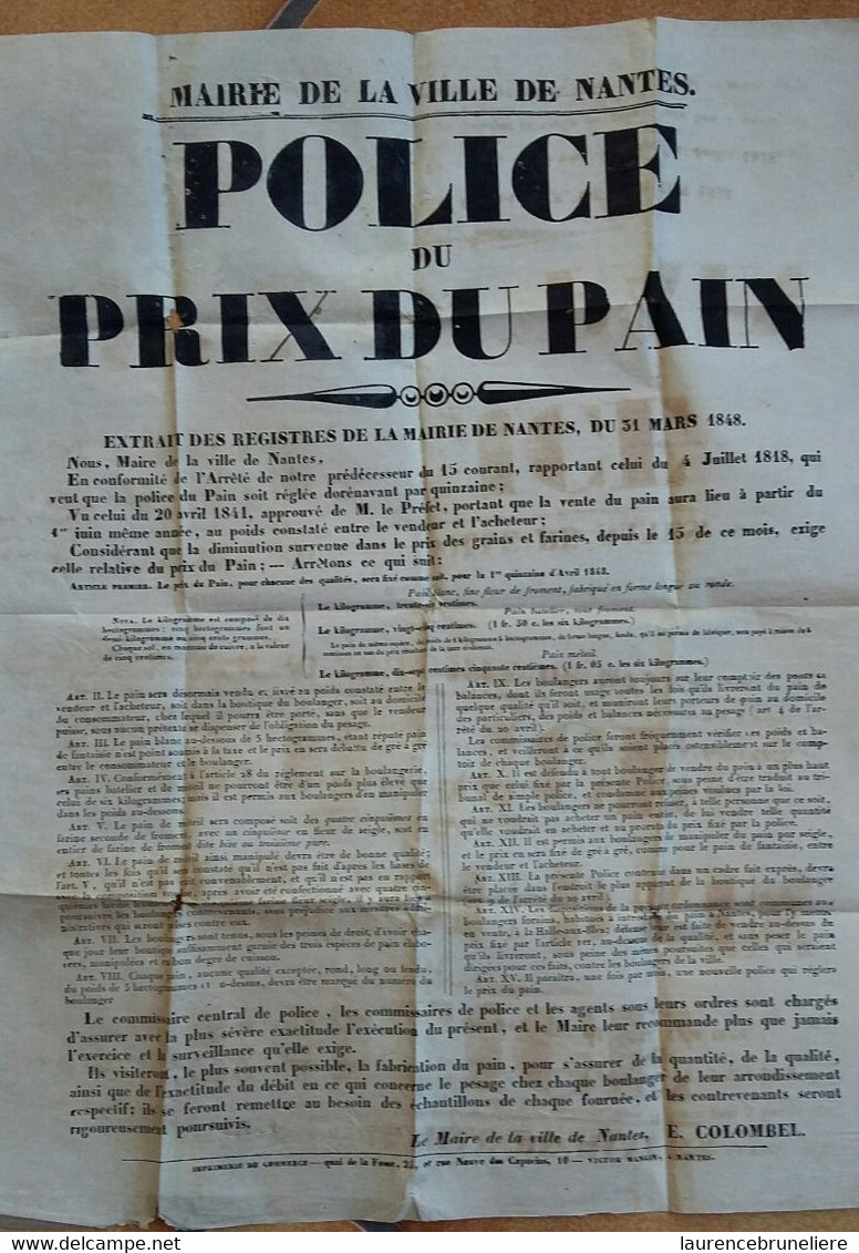 44  NANTES  AFFICHE  DU  PRIX  DU  PAIN  AVRIL  1848  TRES  RARE   THEME  DU  PAIN - Affiches