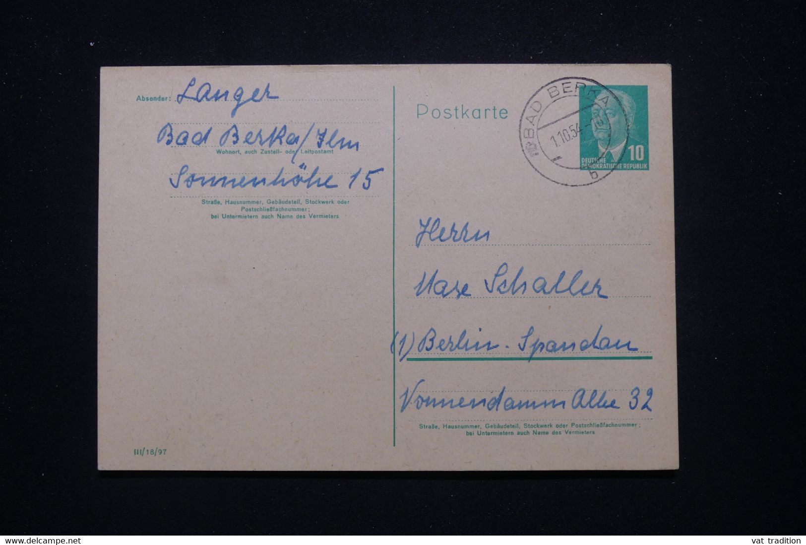 ALLEMAGNE - Entier Postal De Bad Berka Pour Berlin En 1954 - L 99878 - Postcards - Used