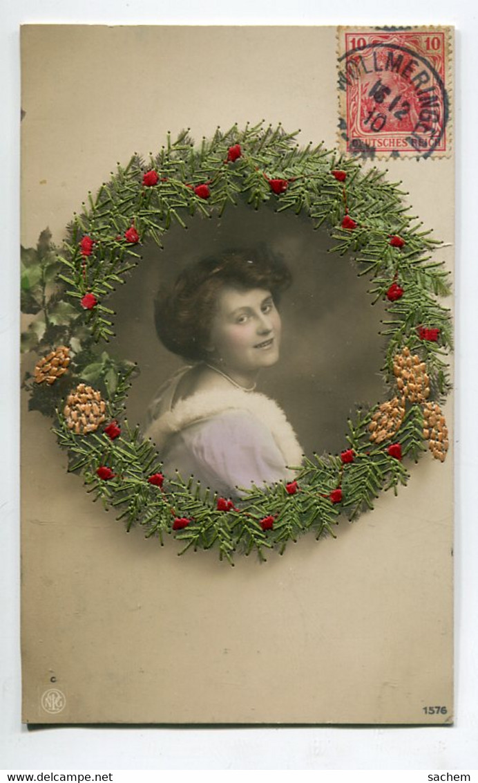 CARTE BRODEE  Sur Photographie Couronne Portrait Jeune Femme 1910 Timbrée     / SEL 2016 - Embroidered