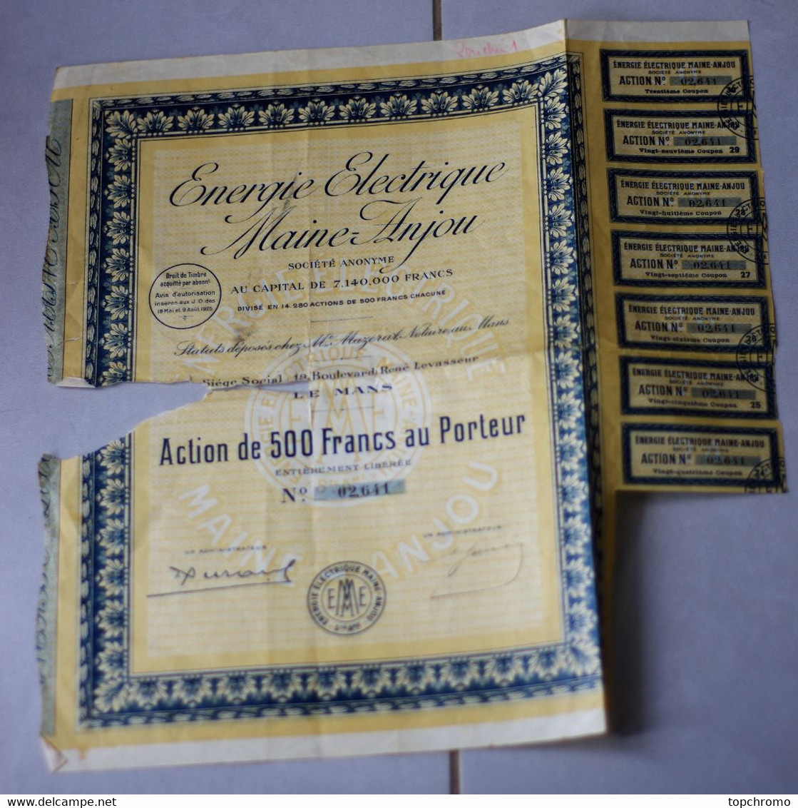 Action De 500 Francs Au Porteur Energie Electrique Maine-Anjou Le Mans 7 Coupons 1925 (manque Visible) - Electricité & Gaz