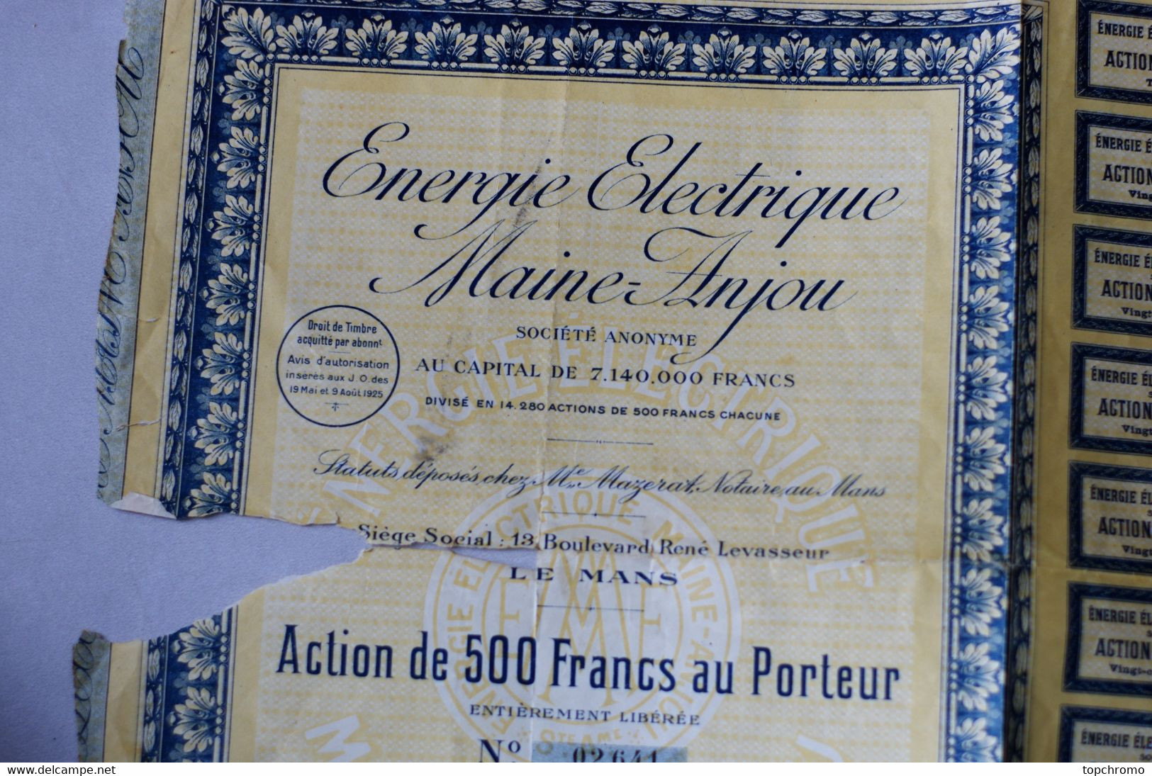 Action De 500 Francs Au Porteur Energie Electrique Maine-Anjou Le Mans 7 Coupons 1925 (manque Visible) - Electricité & Gaz