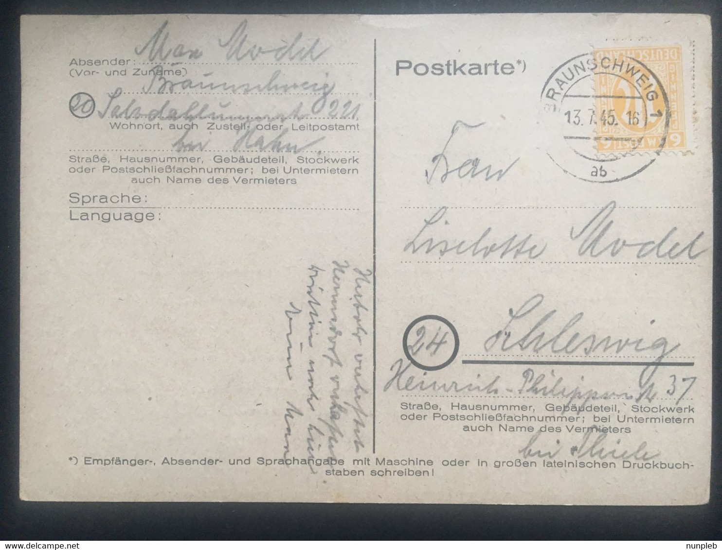 GERMANY 1945 Allied Occupation Postcard Braunschweig To Schleswig - Other & Unclassified