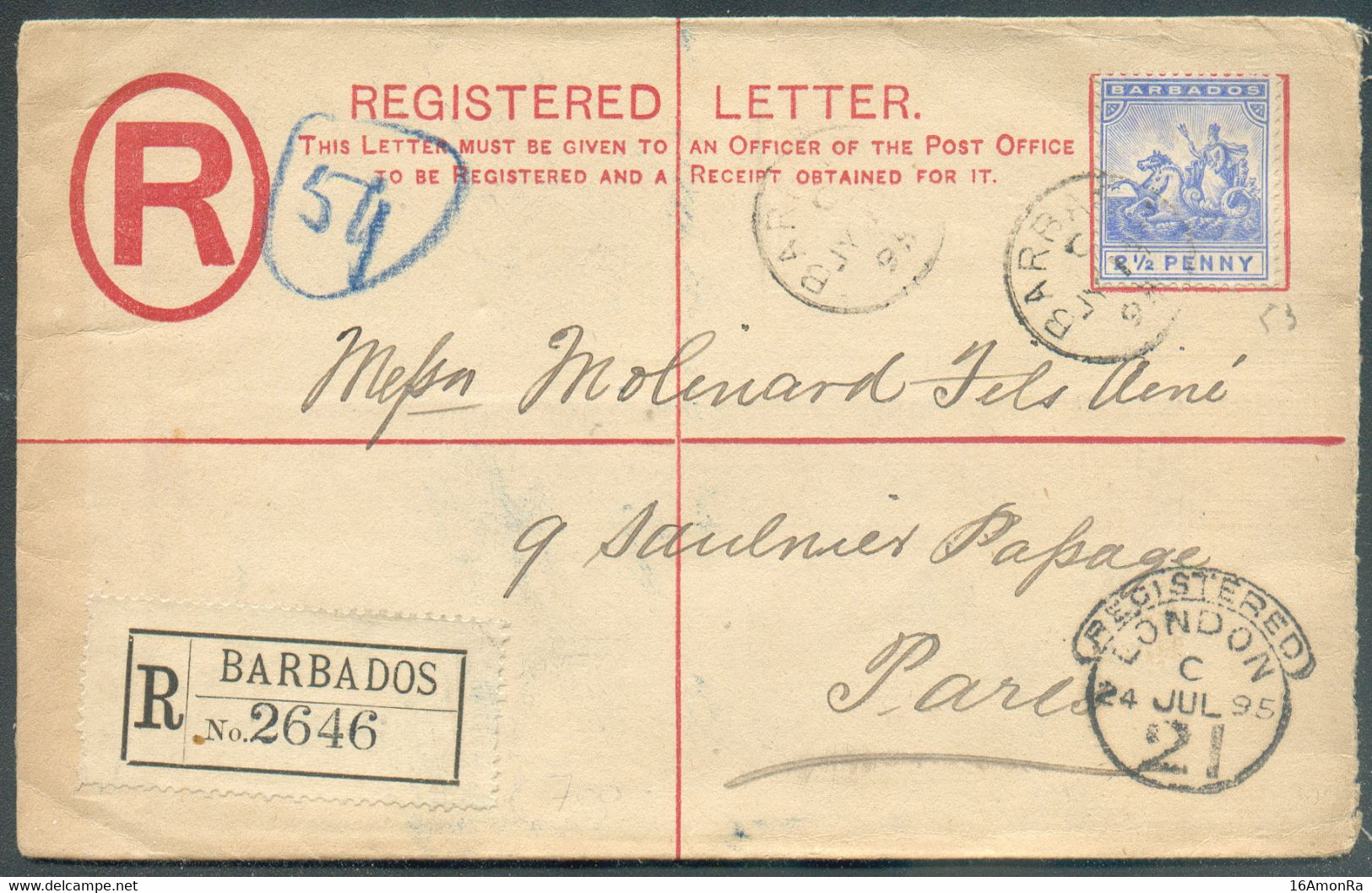 Registered Letter Fr. 2½p. Canc. BARBADOS JY 14 1895 To Paris Via (Registered/London 24 JUL. 95/21).  Very Fresh .  TB - Barbados (...-1966)