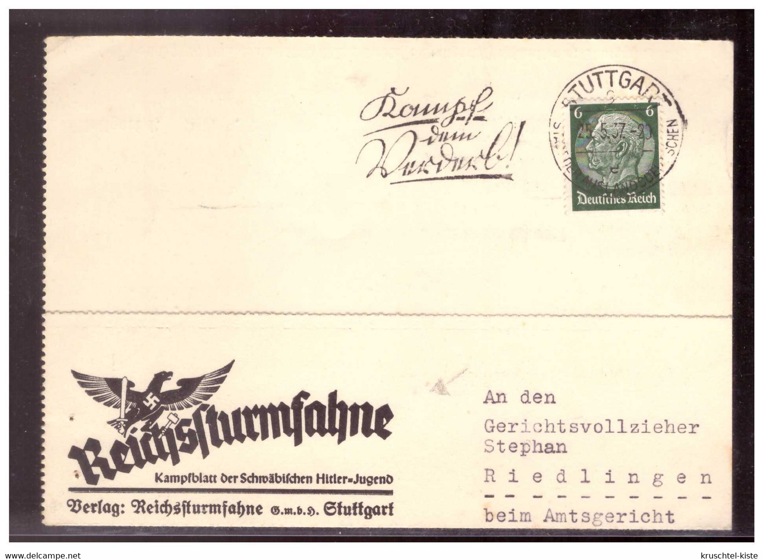 Dt- Reich (022019) Postkarte Verlag Reichssturmfahne Stuttgart Vorgedruckt, Gelaufen Stuttgart 25.5.1937 - Storia Postale