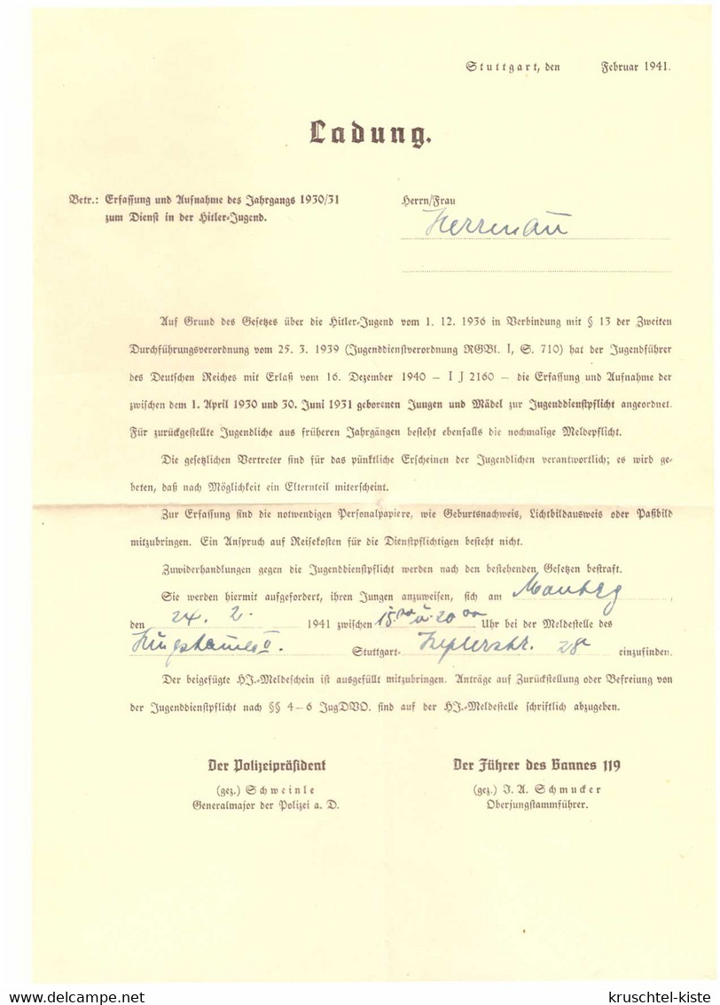 Dt- Reich (022021) Brief HJ NSDAP Stuttgart Mit Inhalt, Ladung Zur Aufnahme In Die HJ, Gelaufen 21.2.1941 - Brieven En Documenten
