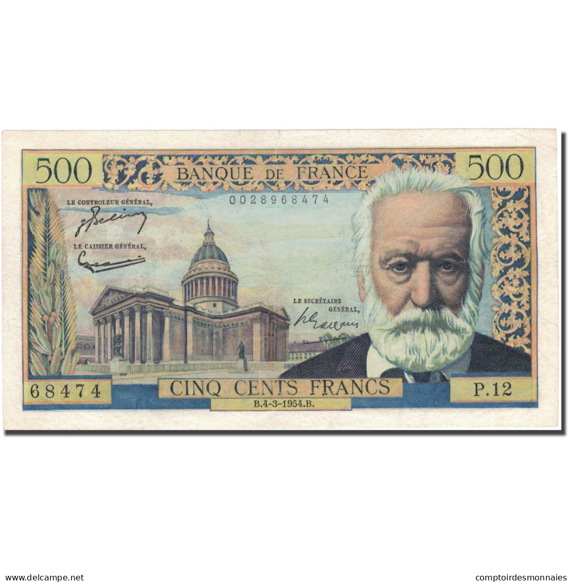 France, 500 Francs, Victor Hugo, 1954, 1954-03-04, SUP, Fayette:35.2, KM:133a - 500 F 1954-1958 ''Victor Hugo''