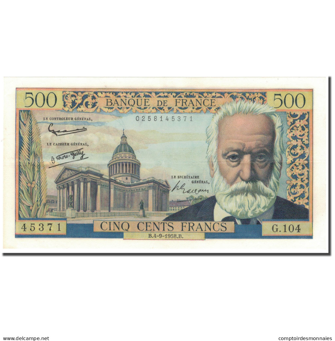 France, 500 Francs, Victor Hugo, 1958, 1958-09-04, TTB+, Fayette:35.10, KM:133b - 500 F 1954-1958 ''Victor Hugo''