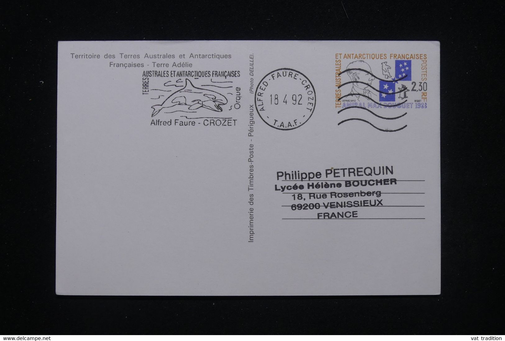 T.A.A.F. - Entier Postal Illustré Pour La France En 1992 - L 99910 - Postwaardestukken