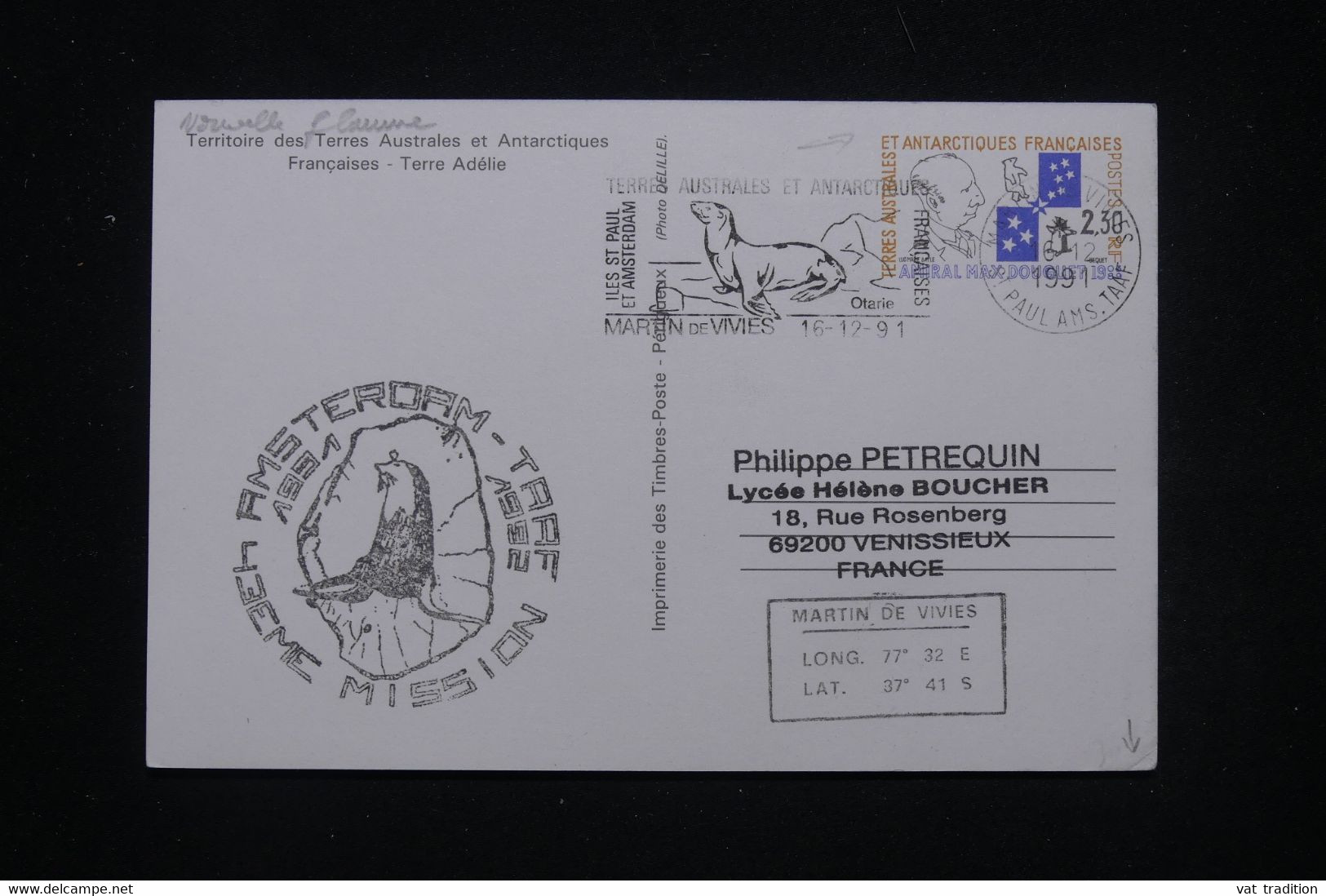T.A.A.F. - Entier Postal Illustré Pour La France En 1991 - L 99911 - Interi Postali