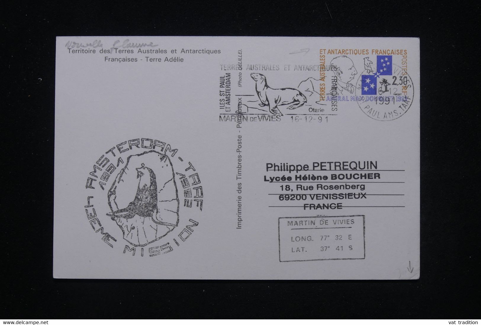 T.A.A.F. - Entier Postal Illustré Pour La France En 1991 - L 99911 - Enteros Postales