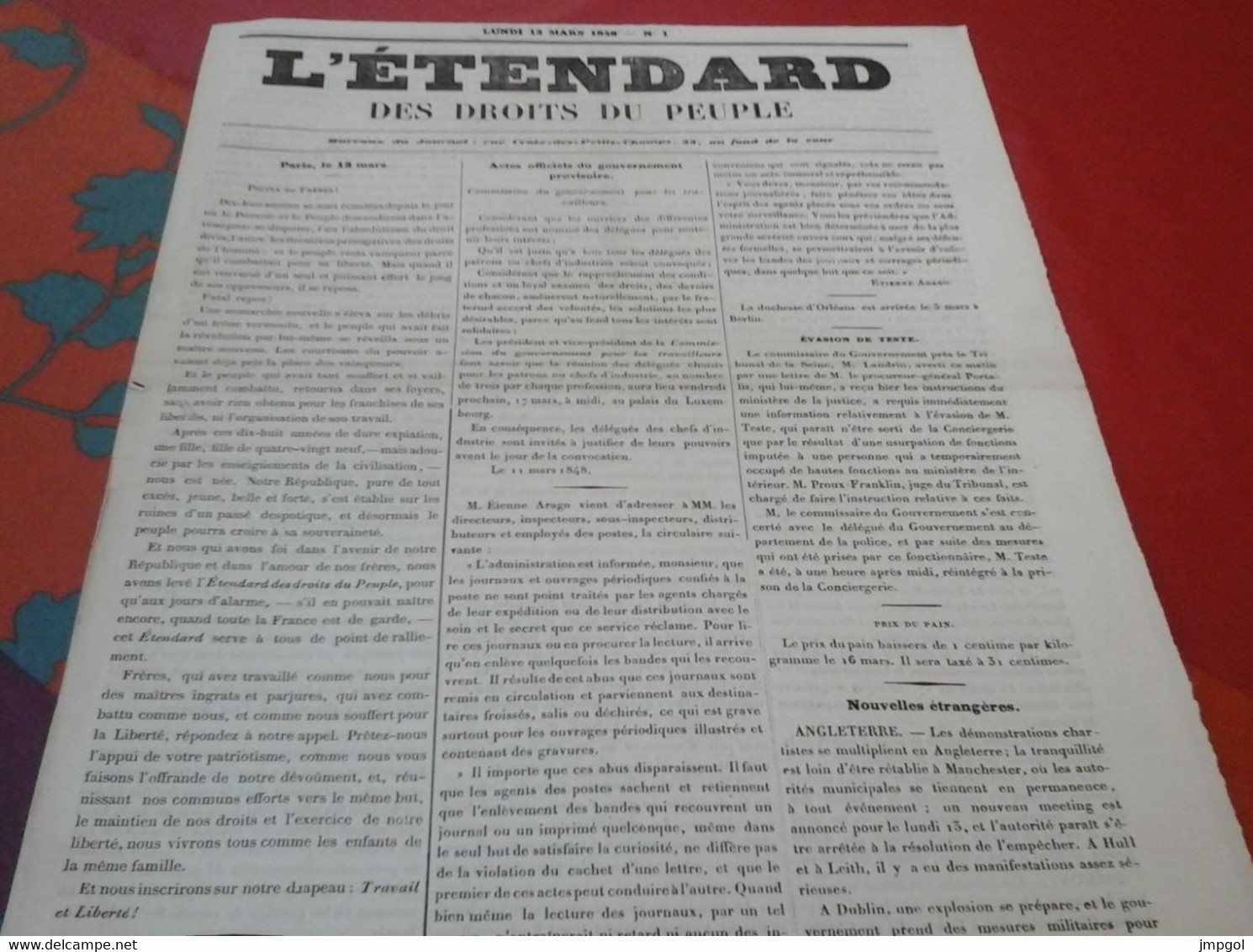 Rare L'Etendard Des Droits Du Peuple N°1 13 Mars 1848 Révolution 1848 Gouvernement Provisoire Etienne Arago - 1800 - 1849