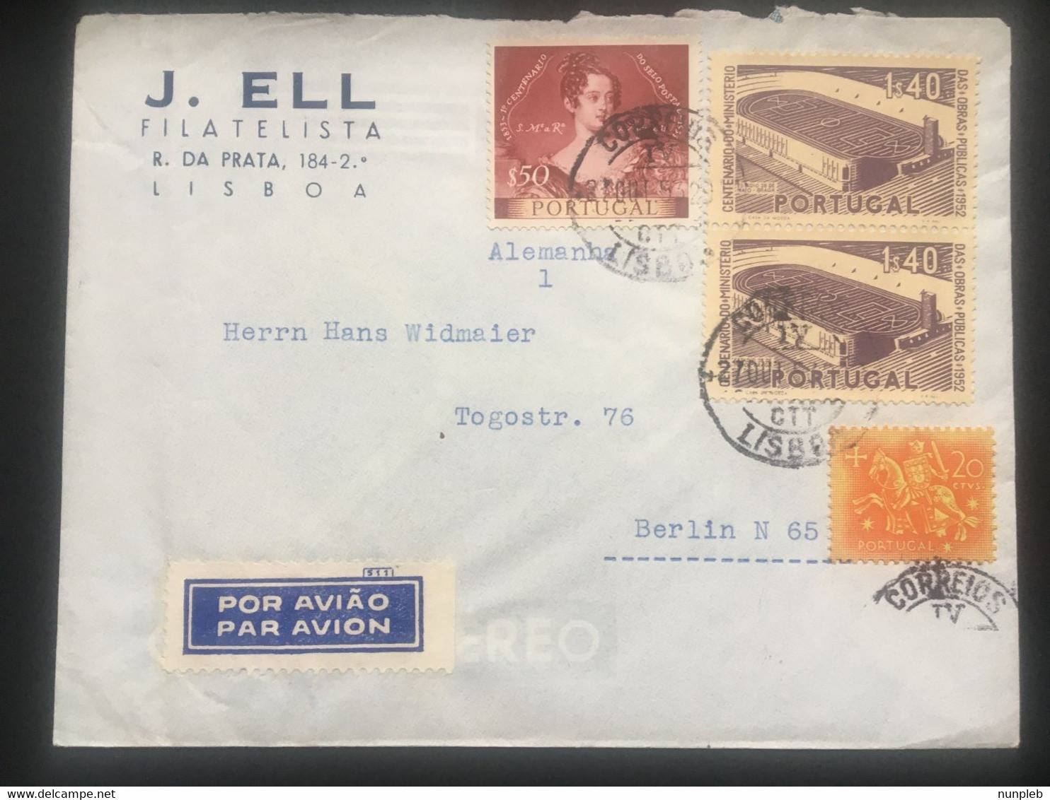 PORTUGAL 1953 Air Mail Cover Lisbon To Berlin - `J.Ell` - Covers & Documents