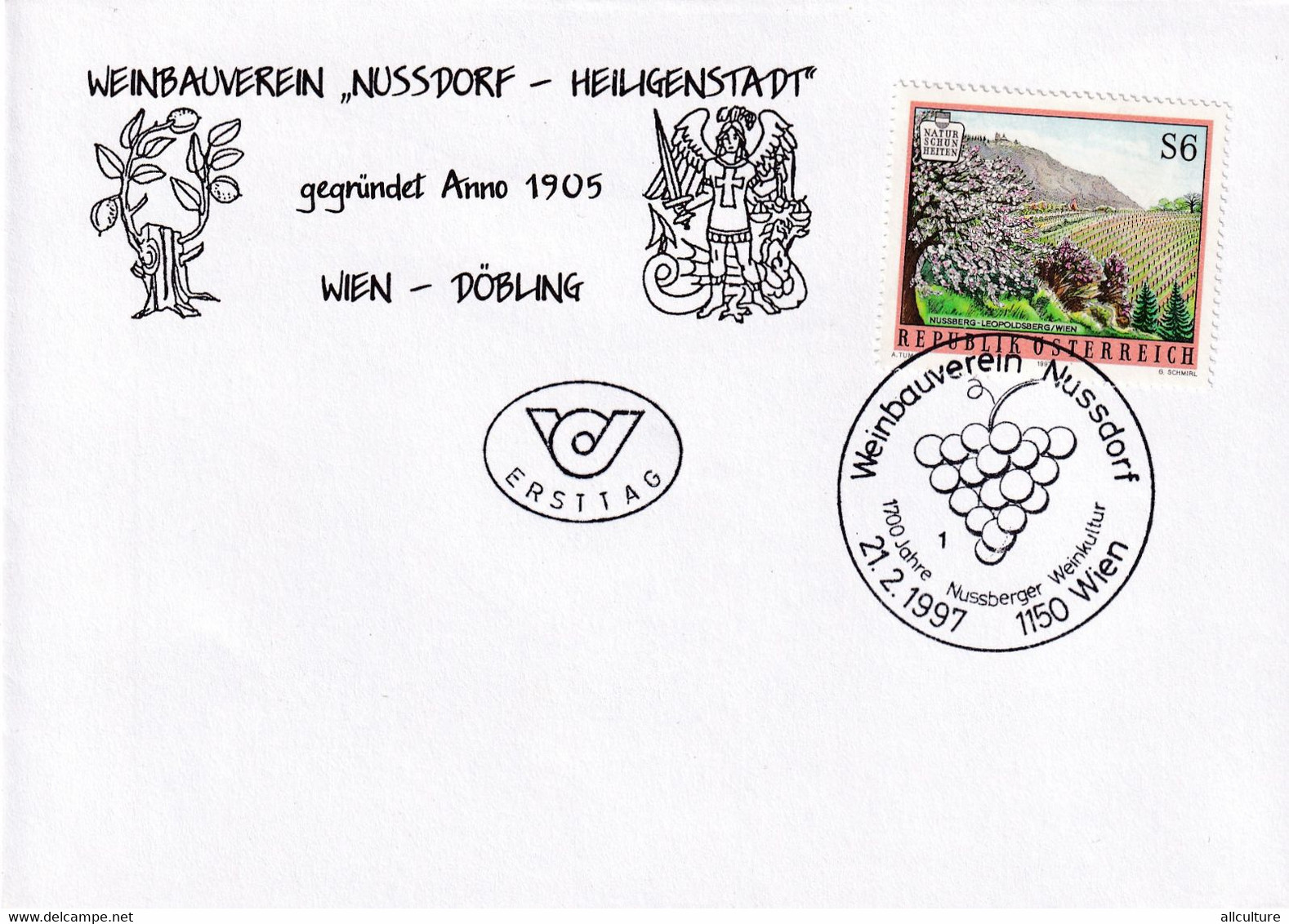 A8405 - ERSTTAG,WEINBAUVEREIN NUSSDORF FOUNDED IN 1905, REPUBLIK OESTERREICH AUSTRIA WIEN 1997 USED STAMP ON COVER - Covers & Documents