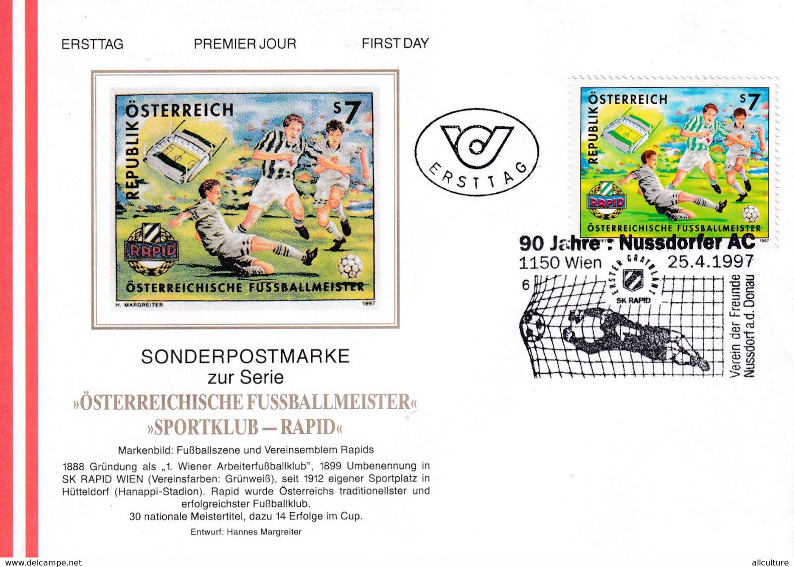 A8410- ERSTTAG, SPORT CLUB RAPID FOOTBALL CLUB, REPUBLIK OESTERREICH AUSTRIA WIEN 1997 USED STAMP ON COVER - Equipos Famosos