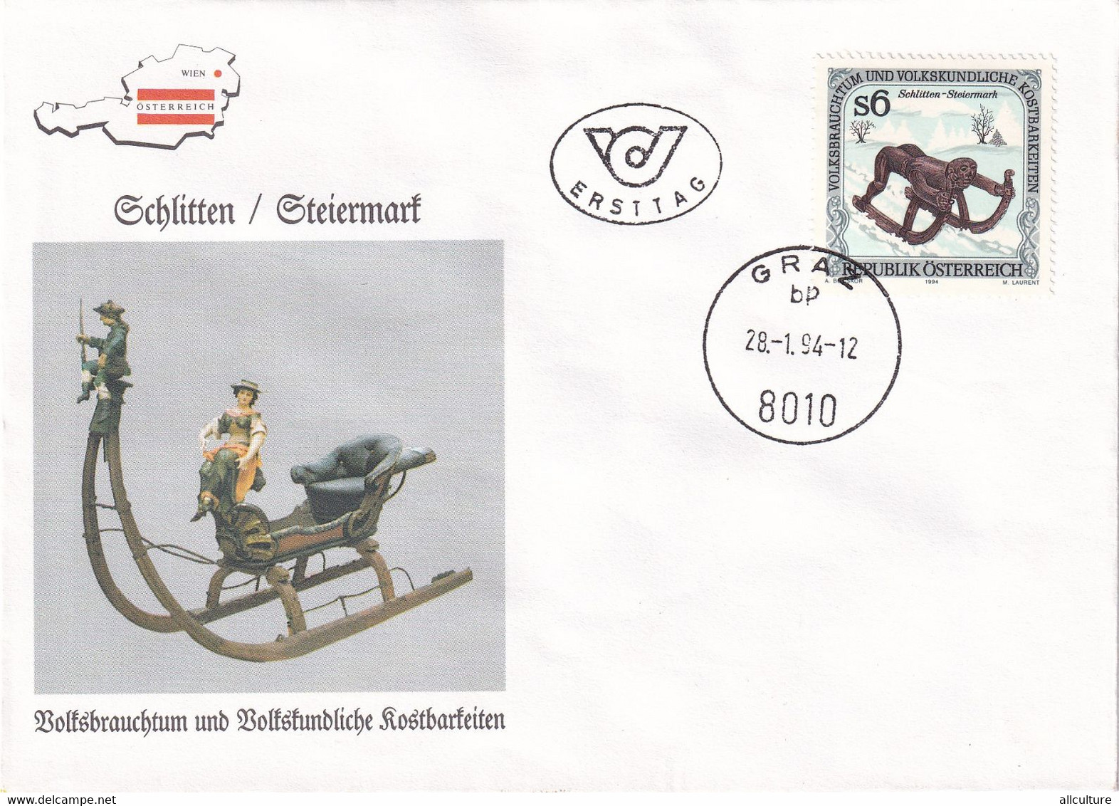 A8424- ERSTTAG, CHILDREN'S SLEDGE,REPUBLIK OESTERREICH 1994 GRAZ USED STAMP ON COVER - Briefe U. Dokumente