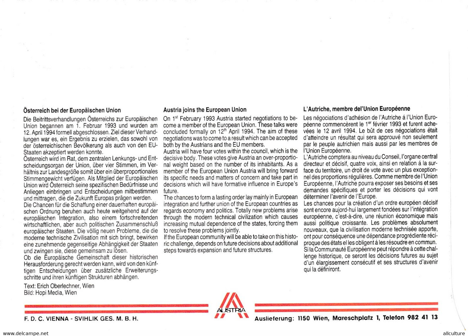 A8430- ERSTTAG,AUSTRIA JOIN THE EUROPEAN UNION, REPUBLIK OESTERREICH 1995 WIEN USED STAMP ON COVER - Cartas & Documentos