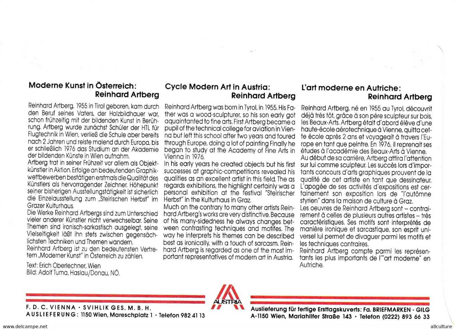 A8450- ERSTTAG, THE MODERN ART REINHARD ARTBERG REPUBLIK OESTERREICH 1996 WIEN USED STAMP ON COVER - Cartas & Documentos