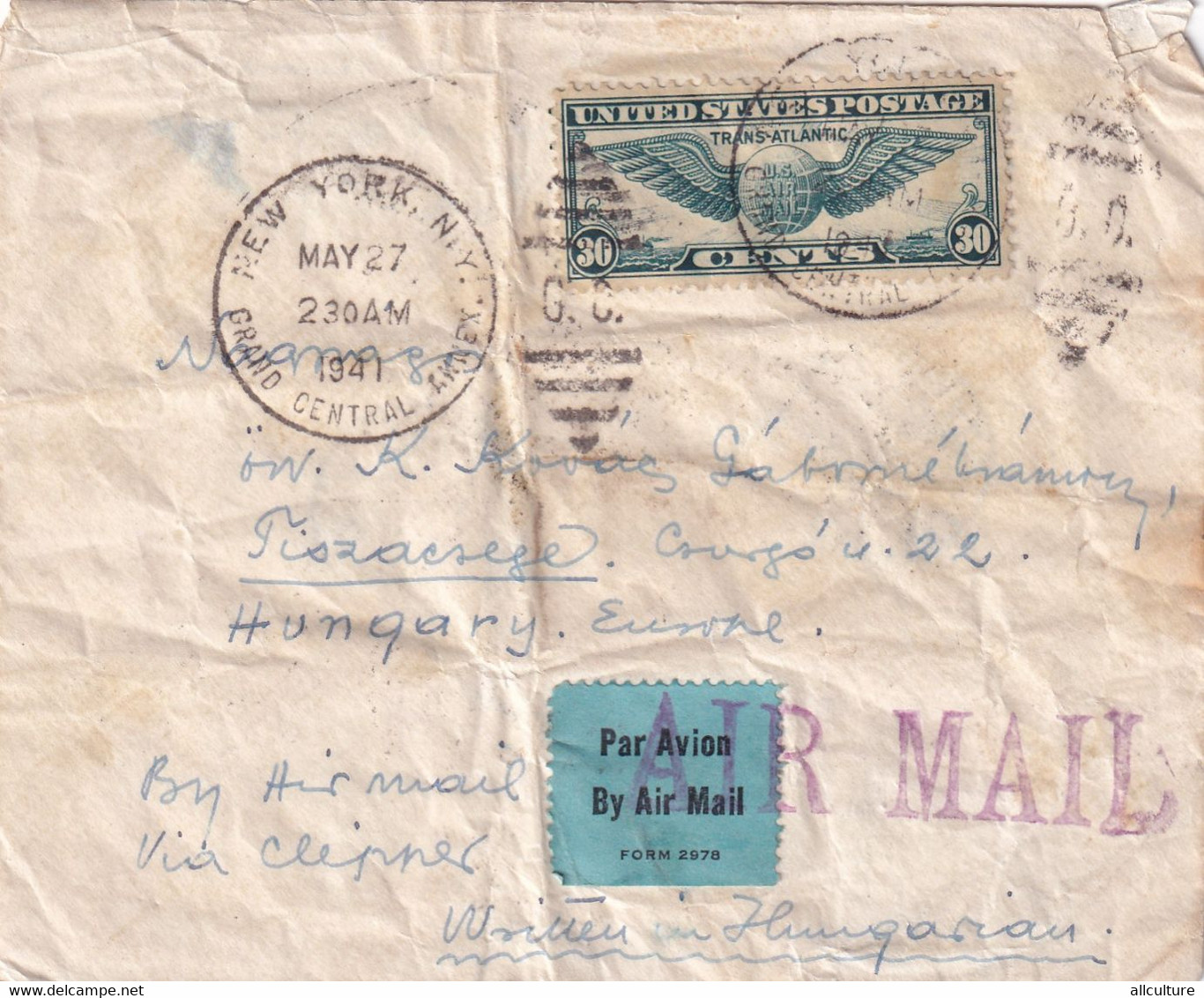 A8488- LETTER FROM NEW YORK CITY 1941 UNITED STATES AIR MAIL, PAR AVION TO BUDAPEST HUNGARY USED STAMP ON COVER - 2a. 1941-1960 Used