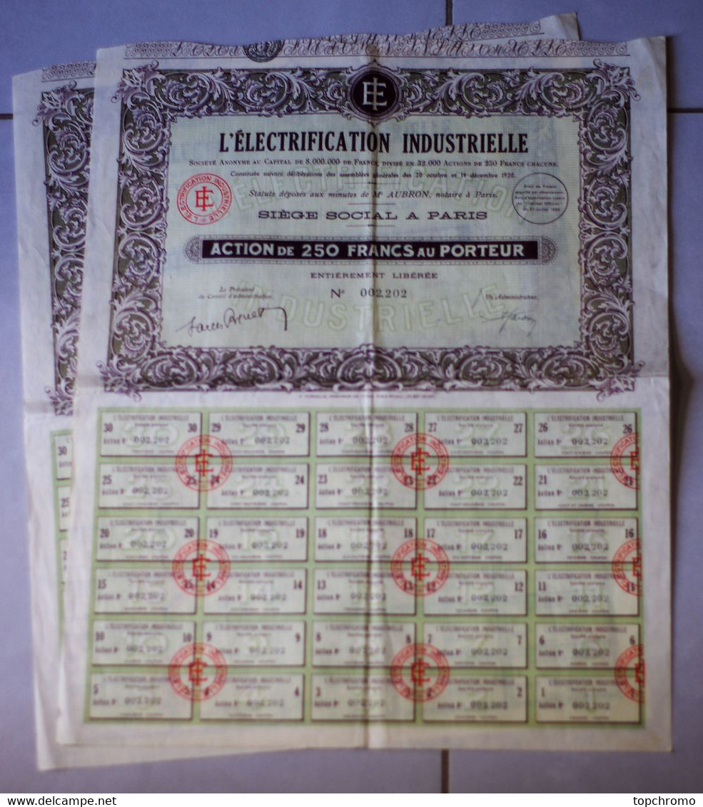 2 Actions Action De 250 Francs Au Porteur L'électrification Industrielle 30 Coupons Par Action 1933 - Electricidad & Gas