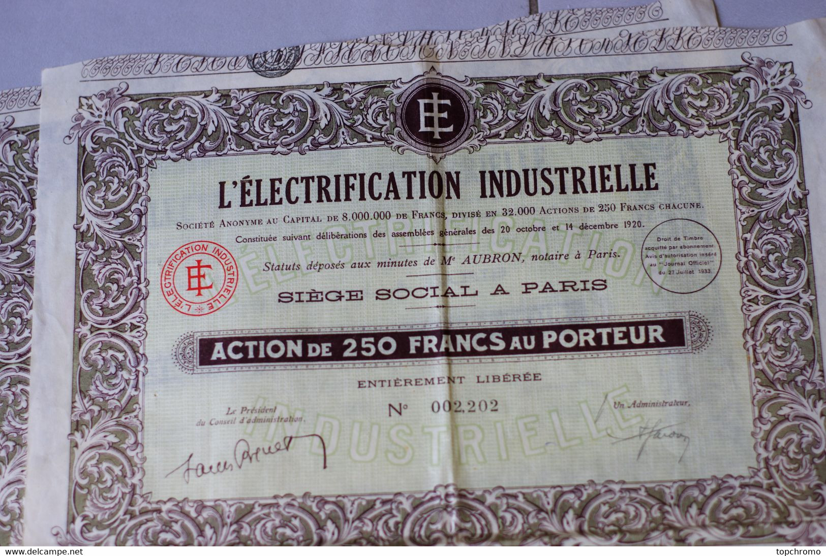 2 Actions Action De 250 Francs Au Porteur L'électrification Industrielle 30 Coupons Par Action 1933 - Electricité & Gaz