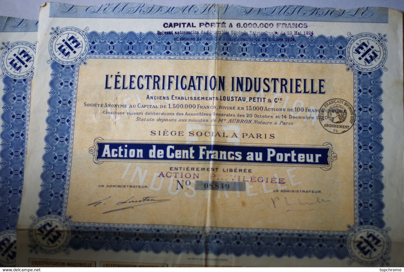 2 Actions Action De 100 Francs Au Porteur L'électrification Industrielle Loustau Avec 23 Coupons Par Action 1924 - Electricidad & Gas