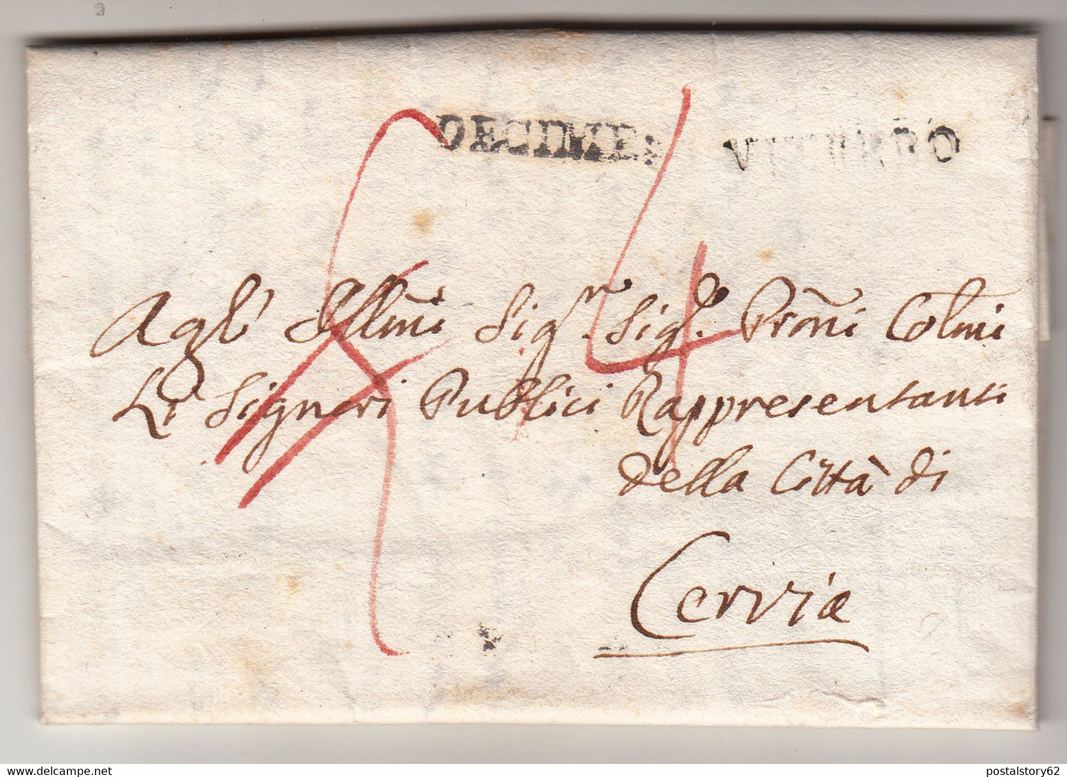 Lettera Per Cervia, Da Viterbo. Contenuto Simpatico. Tassa In Sanguigna + Decimen. Al Retro Rimini 1816 - 1. ...-1850 Prephilately