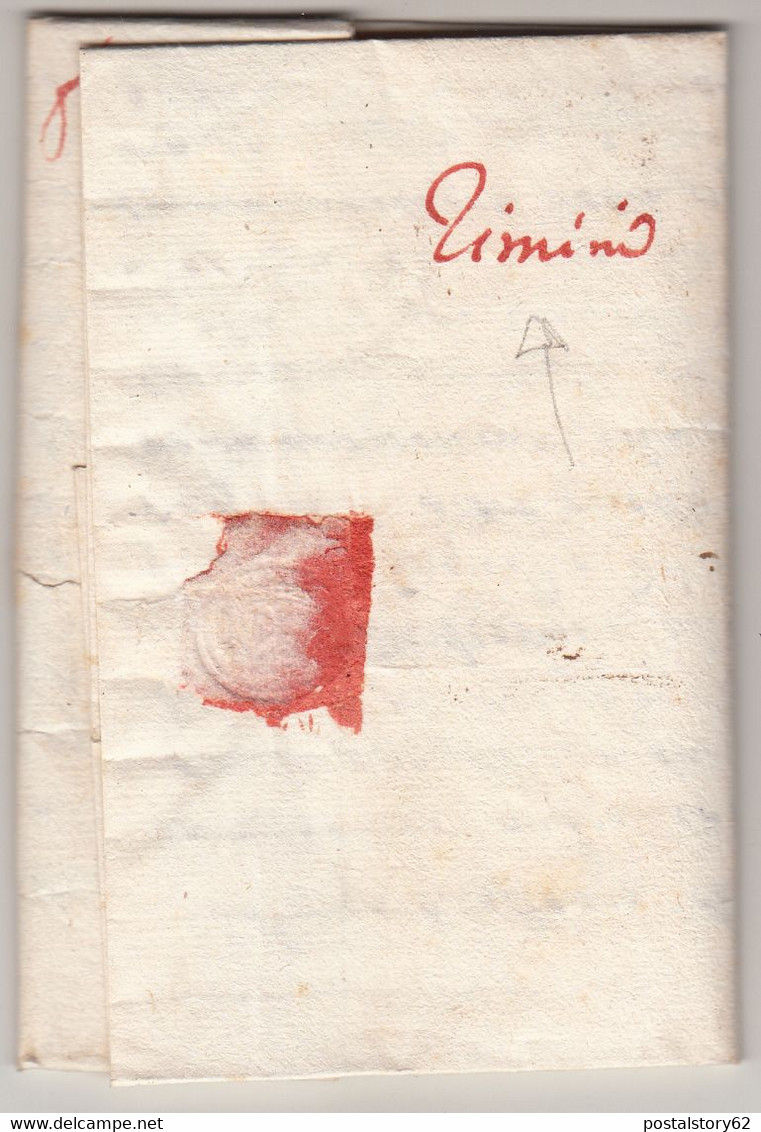 Lettera Per Cervia, Da Viterbo. Contenuto Simpatico. Tassa In Sanguigna + Decimen. Al Retro Rimini 1816 - 1. ...-1850 Prefilatelia