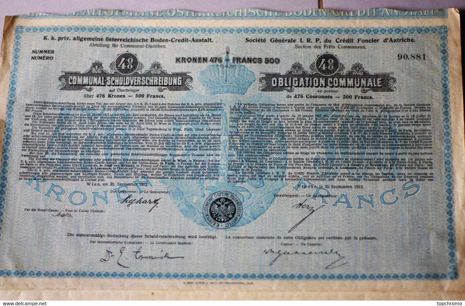 3 Actions Obligation Communale 500 Francs Crédit Foncier D'Autriche Avec 35 Coupons Par Action 1912 - Elektriciteit En Gas