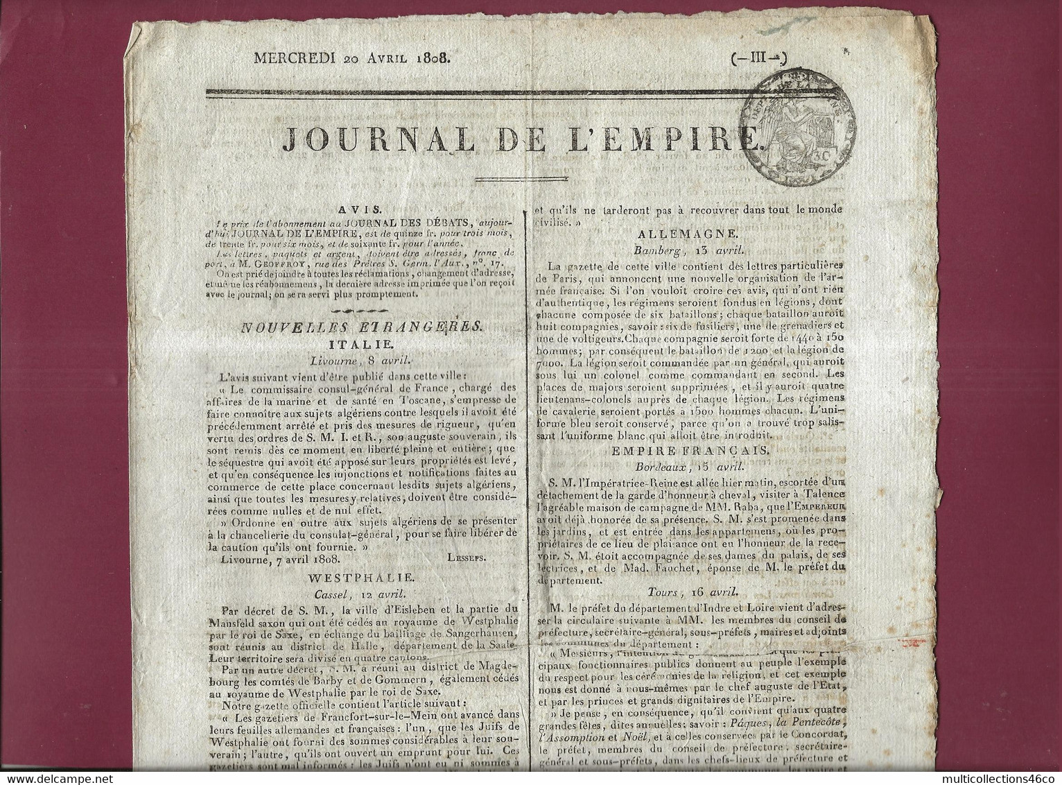 110621 - Document NAPOLEON Ier -  JOURNAL DE L'EMPIRE 20 Avril 1808 Nouvelles ITALIE WESTPHALIE ALLEMAGNE Bordeaux Tours - 1800 - 1849