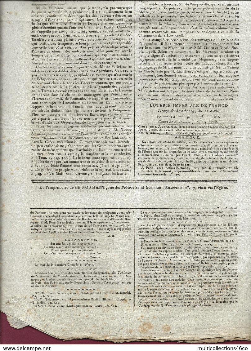 110621 - Document NAPOLEON Ier -  JOURNAL DE L'EMPIRE 20 Avril 1808 Nouvelles ITALIE WESTPHALIE ALLEMAGNE Bordeaux Tours - 1800 - 1849