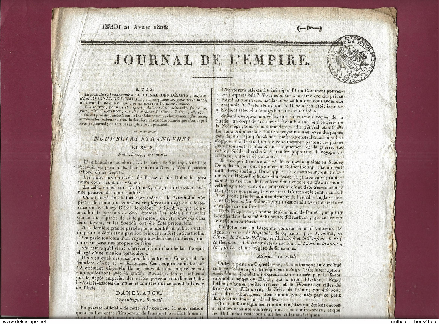 110621 - Document NAPOLEON Ier -  JOURNAL DE L'EMPIRE 21 Avril 1808 Nouvelles RUSSIE DANEMARK AUTRICHE ITALIE - 1800 - 1849