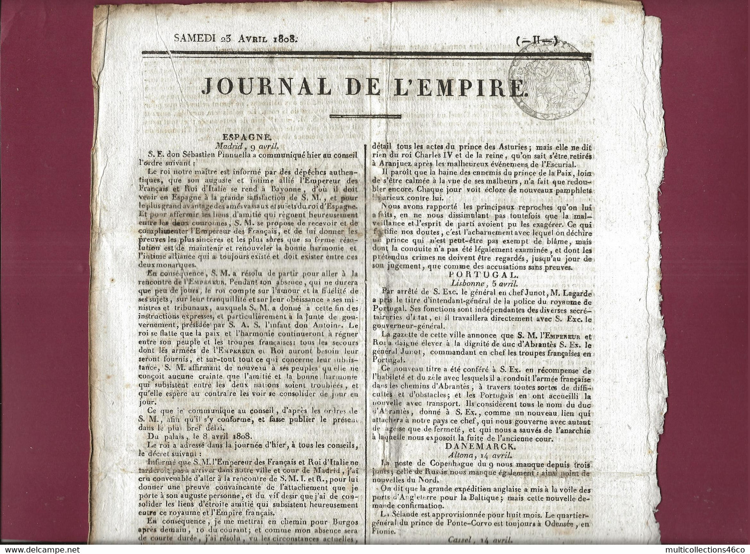 110621 - Document NAPOLEON Ier JOURNAL DE L'EMPIRE 23 Avril 1808 Nouvelles ESPAGNE PORTUGAL DANEMARK - 1800 - 1849