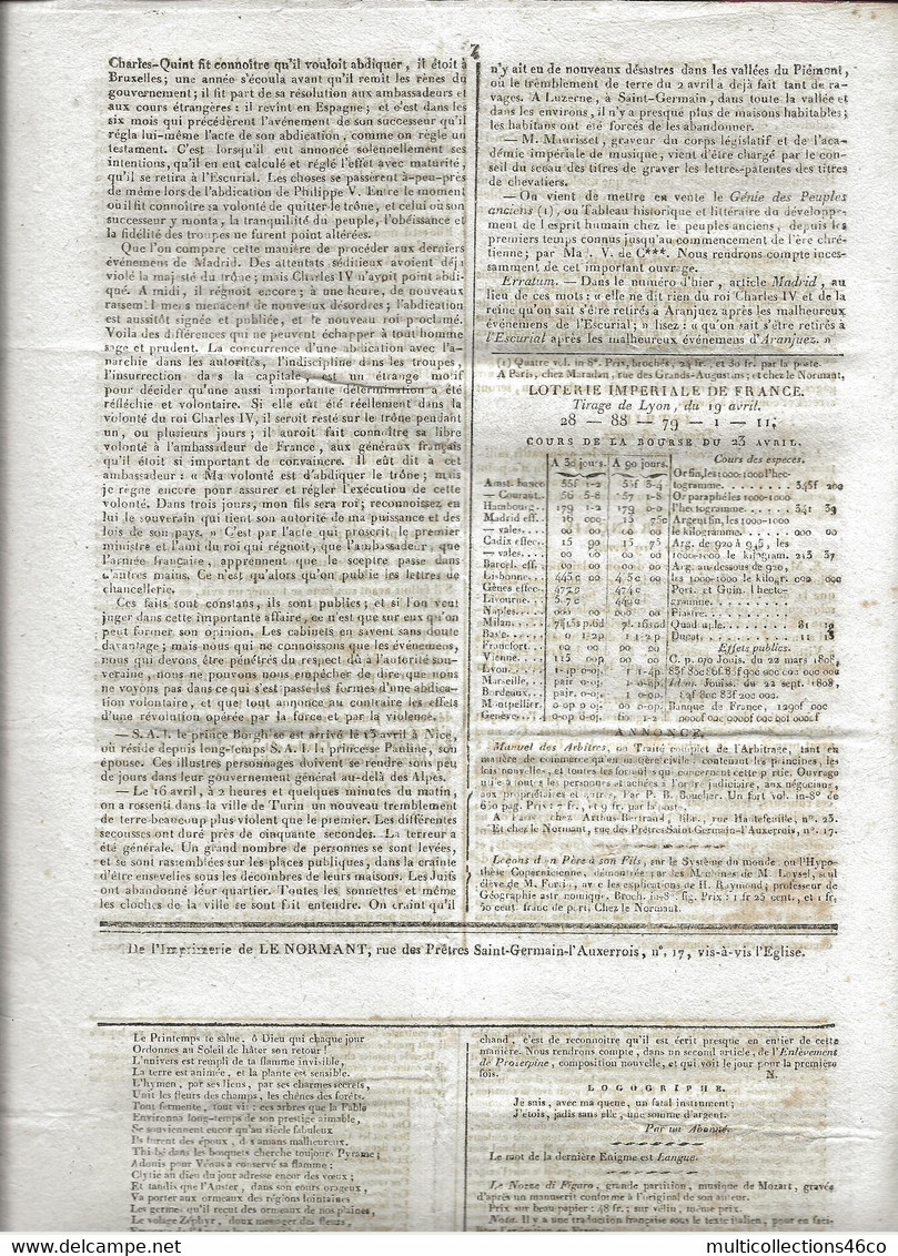 110621 - Document NAPOLEON Ier JOURNAL DE L'EMPIRE 24 Avril 1808 Nouvelles ETATS UNIS RUSSIE - 1800 - 1849