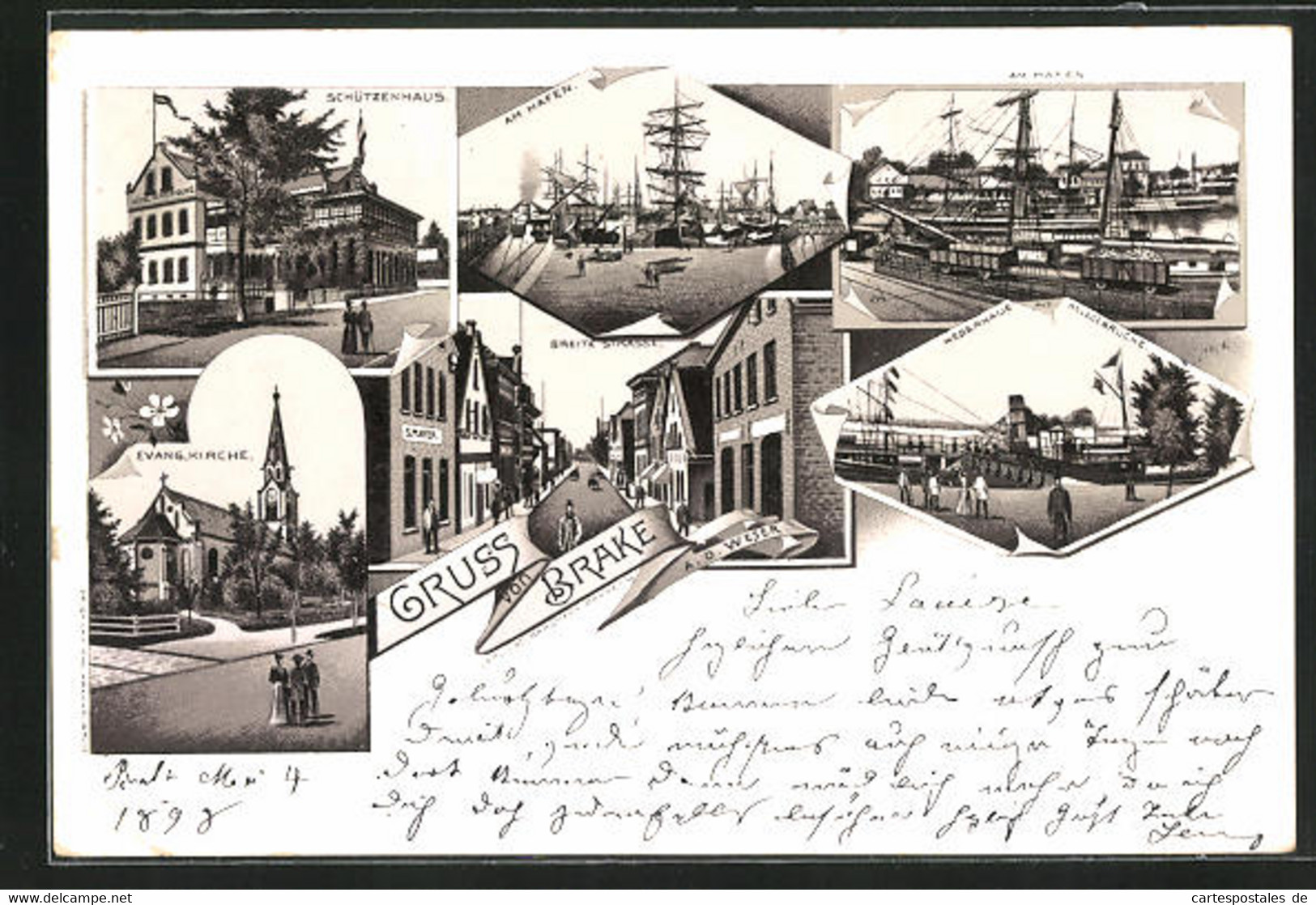 Lithographie Brake A.d. Weser, Schützenhaus, Evangelische Kirche, Am Hafen - Brake