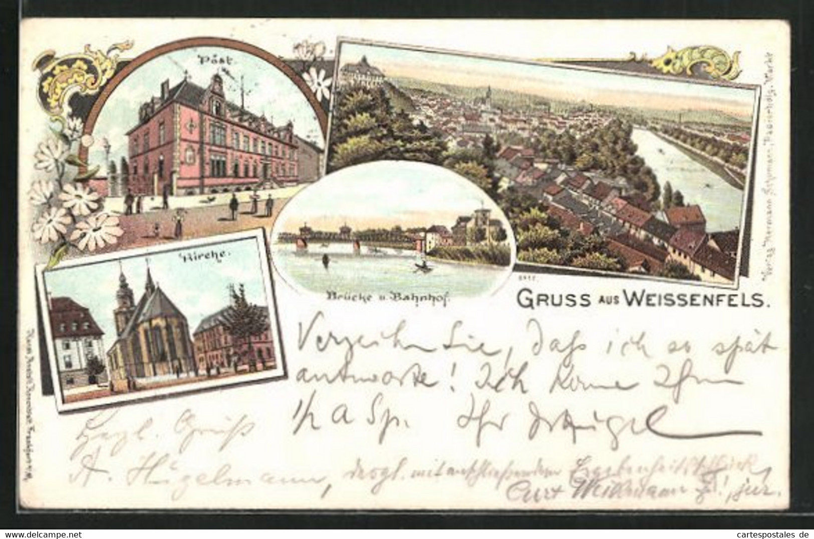 Lithographie Weissenfels /Saale, Post, Kirche, Brücke Und Bahnhof - Weissenfels