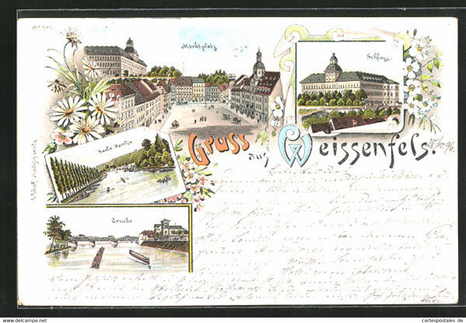 Lithographie Weissenfels /Saale, Marktplatz, Schloss, Brücke - Weissenfels